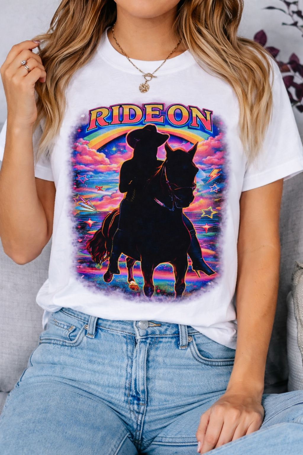 Cowgirl Silhouette Retro Sunset T-Shirt | Western Rider Tee
