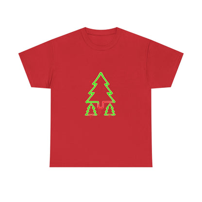Christmas Tree Trio T-Shirt — Neon Green & Red Minimal Holiday Tee