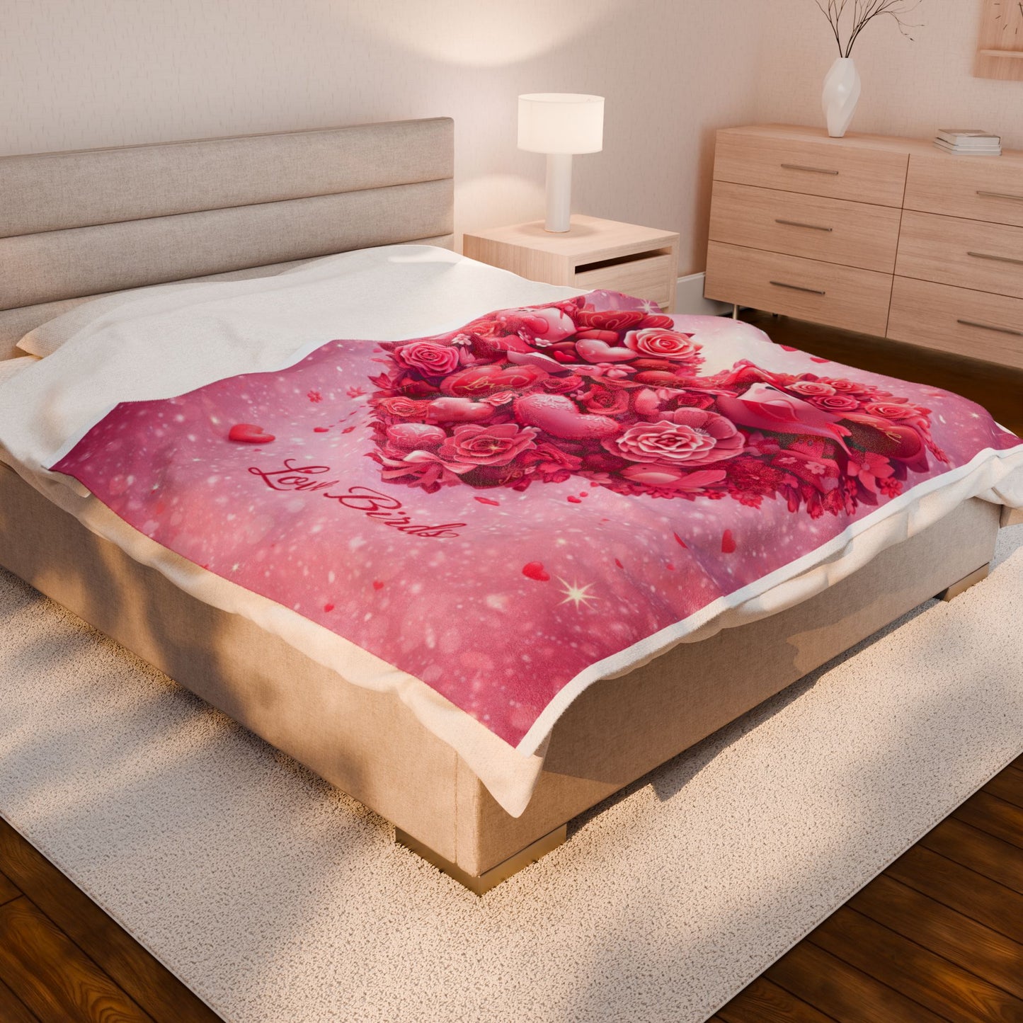 Plush Blanket — Pink "Love Birds" Heart Bouquet Design