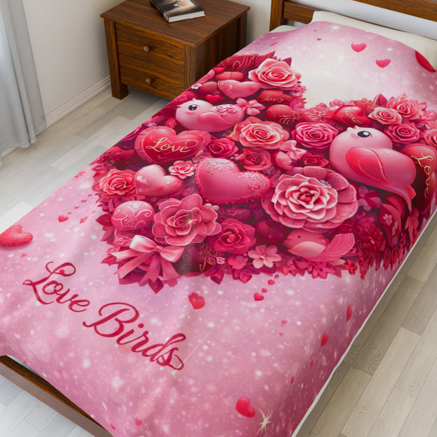 Plush Blanket — Pink "Love Birds" Heart Bouquet Design