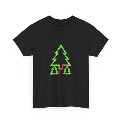 Christmas Tree Trio T-Shirt — Neon Green & Red Minimal Holiday Tee