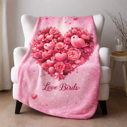 Plush Blanket — Pink "Love Birds" Heart Bouquet Design