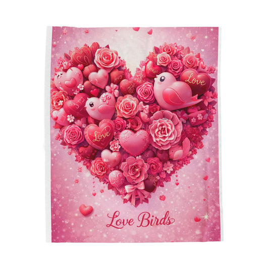 Plush Blanket — Pink "Love Birds" Heart Bouquet Design
