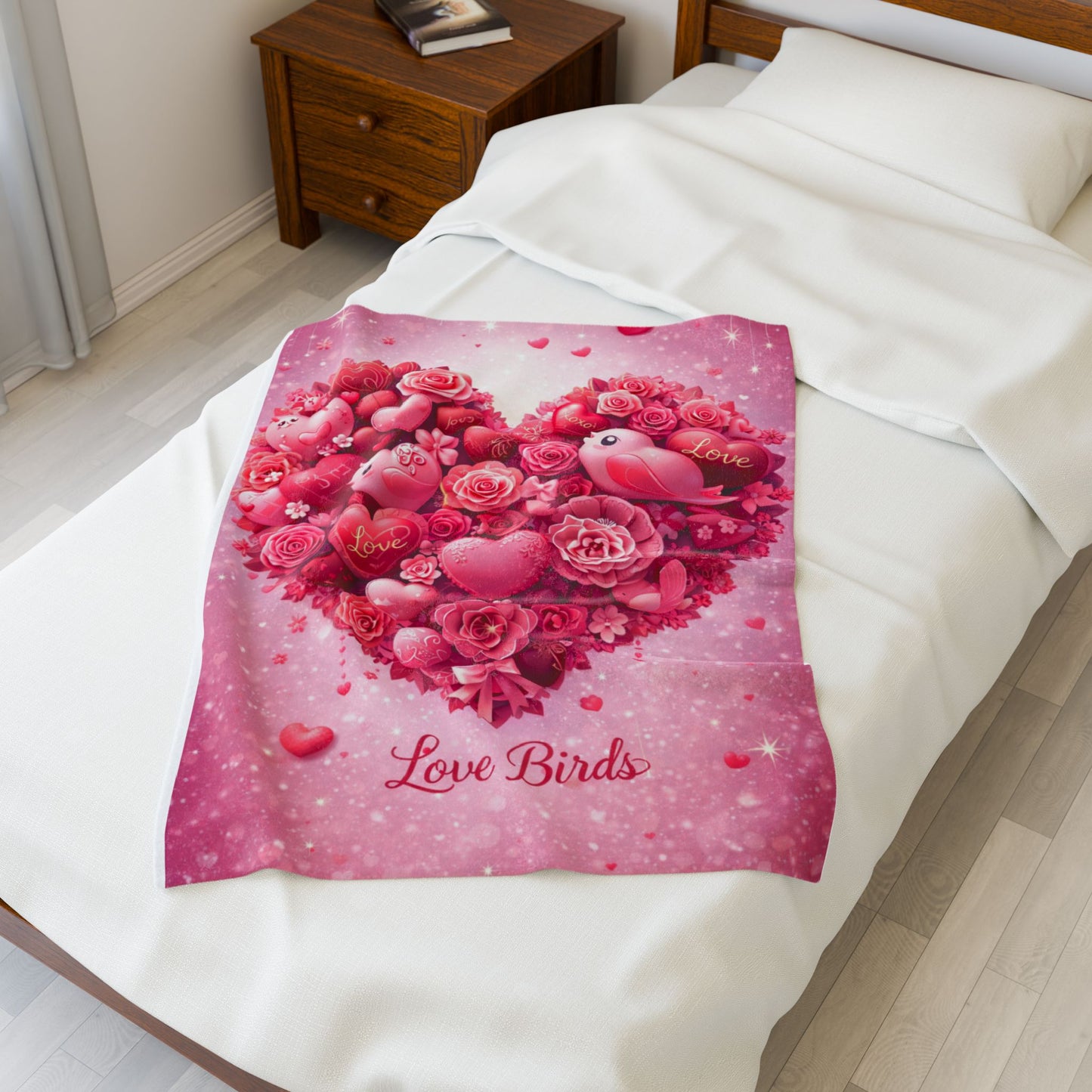 Plush Blanket — Pink "Love Birds" Heart Bouquet Design