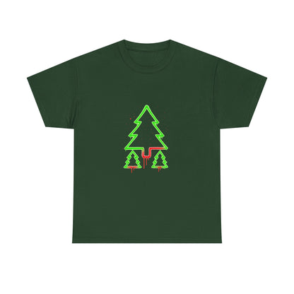 Christmas Tree Trio T-Shirt — Neon Green & Red Minimal Holiday Tee