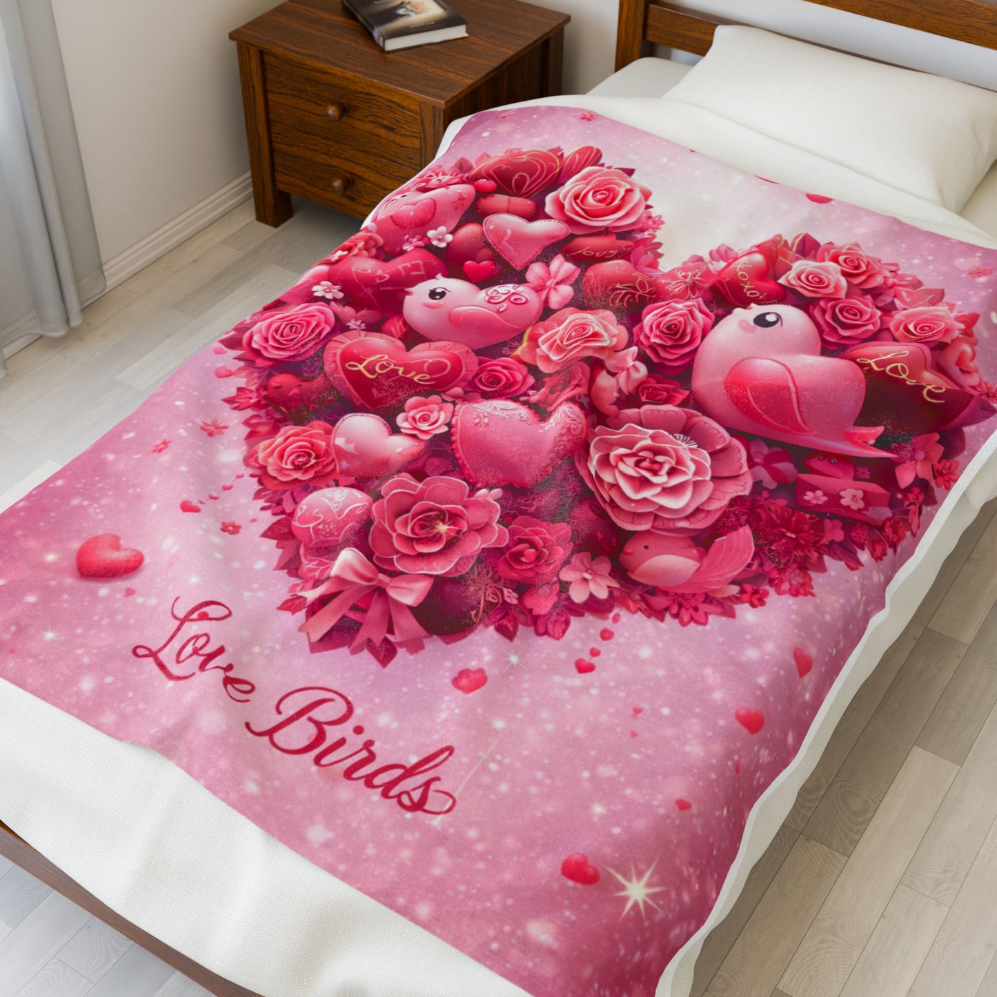 Plush Blanket — Pink "Love Birds" Heart Bouquet Design