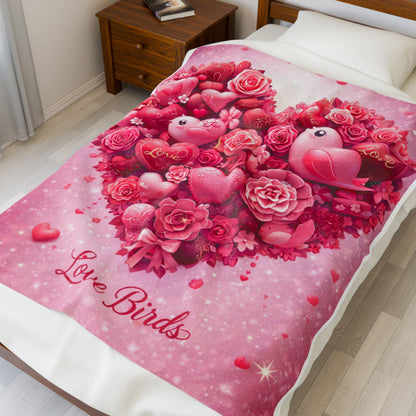 Plush Blanket — Pink "Love Birds" Heart Bouquet Design