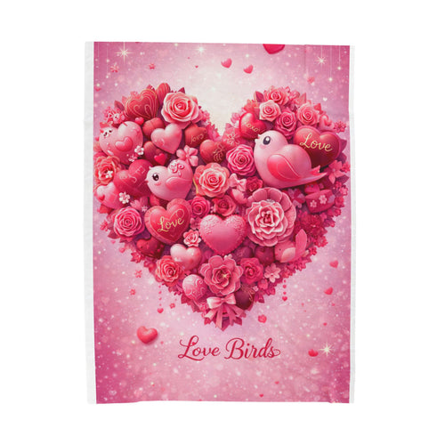 Plush Blanket — Pink "Love Birds" Heart Bouquet Design