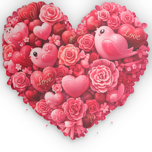 Heart-Shaped Love Pillow — Pink Floral & Birds Valentine Decorative Pillow