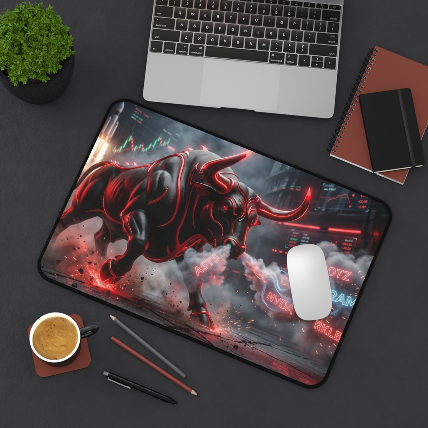 Bull Market Desk Mat — Neon Charging Bull Mousepad for Traders & Gamers