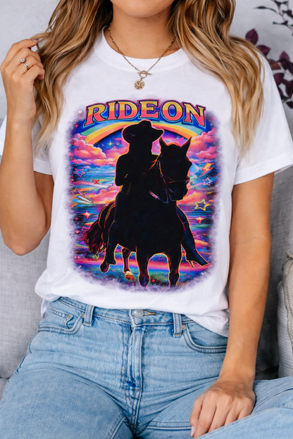 Cowgirl Silhouette Retro Sunset T-Shirt | Western Rider Tee