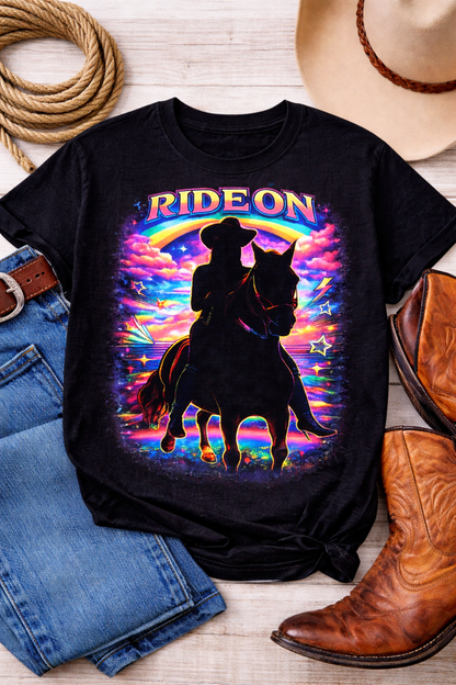 Cowgirl Silhouette Retro Sunset T-Shirt | Western Rider Tee